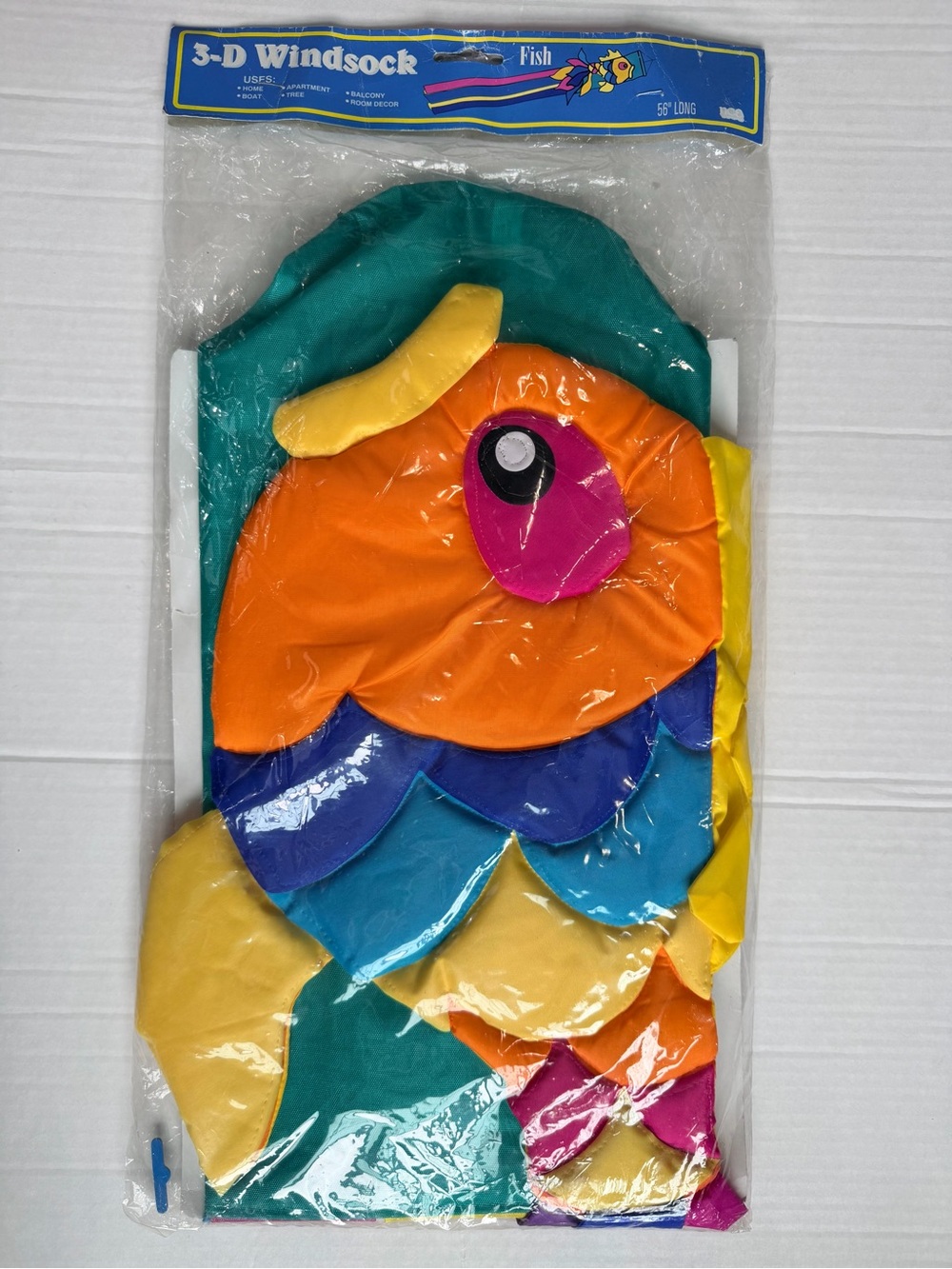 Vintage 1992 NCE 3-D Fish Windsock - 56” Neon Retro Kitsch Decor NOS
